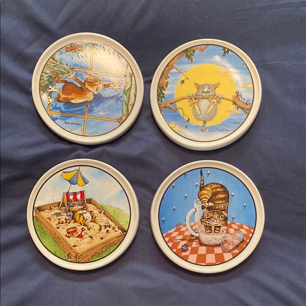 Whimsical Cat Coaster Set - Blue and Yellow